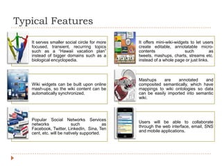 Typical Features
   It serves smaller social circle for more    It offers mini-wiki-widgets to let users
   focused, transient, recurring topics        create editable, annotatable micro-
   such as a “Hawaii vacation plan”            contents                 such          as
   instead of bigger domains such as a         tweets, mashups, charts, streams etc.
   biological encyclopedia.                    instead of a whole page or just links.



                                               Mashups     are    annotated    and
   Wiki widgets can be built upon online       composited semantically, which have
   mash-ups, so the wiki content can be        mappings to wiki ontologies so data
   automatically synchronized.                 can be easily imported into semantic
                                               wiki.




   Popular Social Networks Services
                                               Users will be able to collaborate
   networks               such            as
                                               through the web interface, email, SNS
   Facebook, Twitter, LinkedIn, Sina, Ten
                                               and mobile applications.
   cent, etc. will be natively supported.
 