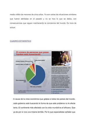 medio millón de menores de cinco años. Ya son varias las situaciones similares

que fueron alertadas en el pasado y no se hizo lo que se debía, con

consecuencias que siguen machacando la conciencia del mundo. Es hora de

actuar.




CUADRO ESTADISTICO




    A causa de la crisis económica que golpea a todos los países del mundo,

    cada gobierno está buscando la forma de que este problema no le afecte

    tanto. El continente más afectado con la crisis mundial es el africano. Que

    ya de por sí vive una miseria terrible. Por lo que especialistas señalan que
 