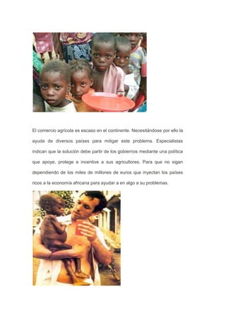 El comercio agrícola es escaso en el continente. Necesitándose por ello la

ayuda de diversos países para mitigar este problema. Especialistas

indican que la solución debe partir de los gobiernos mediante una política

que apoye, protege e incentive a sus agricultores. Para que no sigan

dependiendo de los miles de millones de euros que inyectan los países

ricos a la economía africana para ayudar a en algo a su problemas.
 