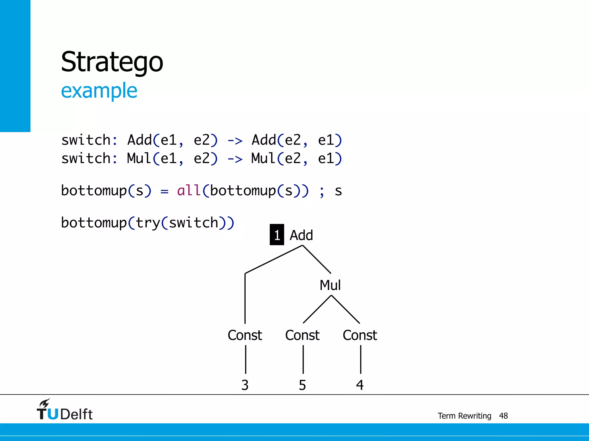 example
Term Rewriting
Stratego
switch: Add(e1, e2) -> Add(e2, e1)
switch: Mul(e1, e2) -> Mul(e2, e1)
bottomup(s) = all(bottomup(s)) ; s
bottomup(try(switch))
48
Const
Mul
Const
3 5 4
Const
Add1
 