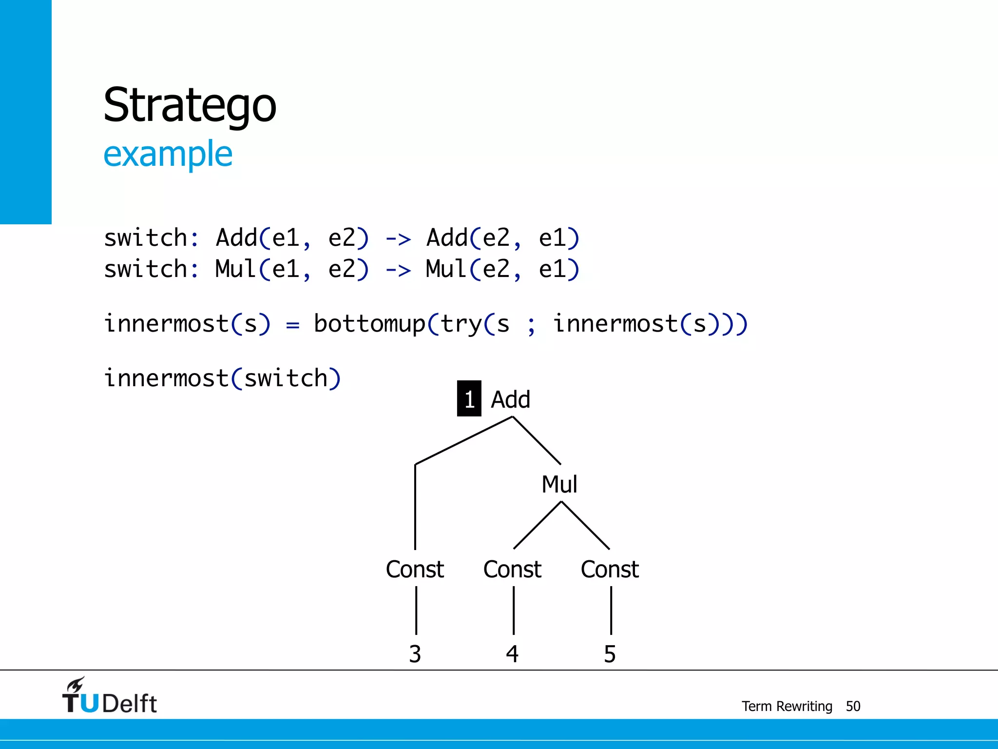 example
Term Rewriting
Stratego
switch: Add(e1, e2) -> Add(e2, e1)
switch: Mul(e1, e2) -> Mul(e2, e1)
innermost(s) = bottomup(try(s ; innermost(s)))
innermost(switch)
50
Const
Mul
Const
3 4 5
Const
Add1
 