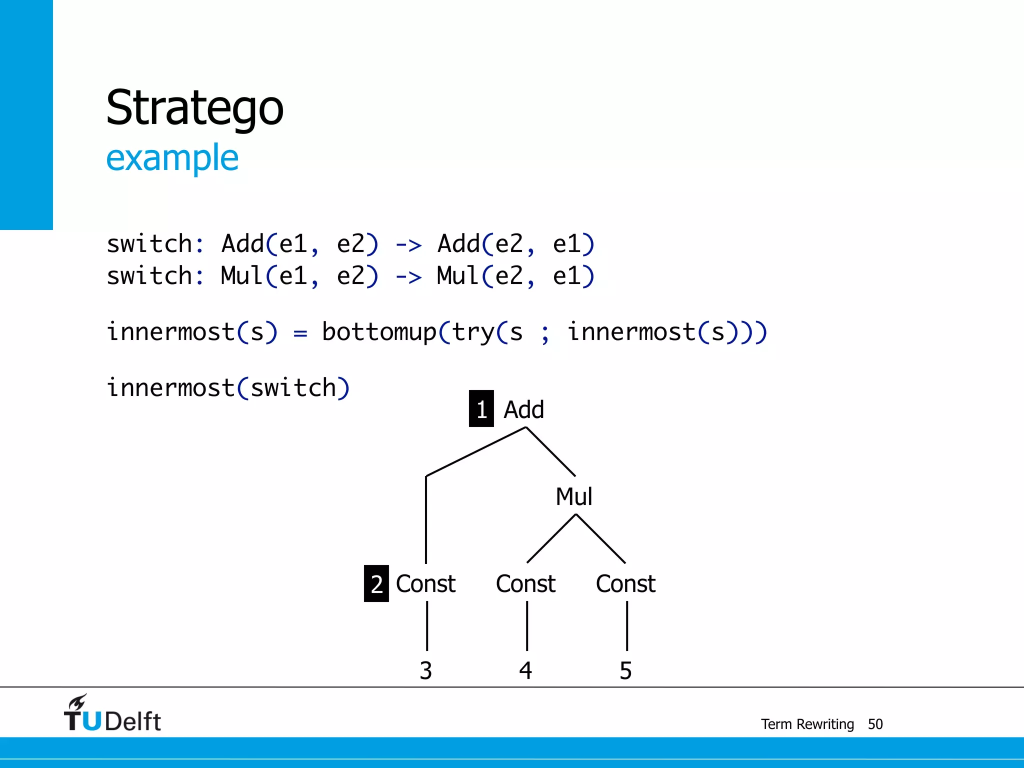 example
Term Rewriting
Stratego
switch: Add(e1, e2) -> Add(e2, e1)
switch: Mul(e1, e2) -> Mul(e2, e1)
innermost(s) = bottomup(try(s ; innermost(s)))
innermost(switch)
50
Const
Mul
Const
3 4 5
Const
Add1
2
 