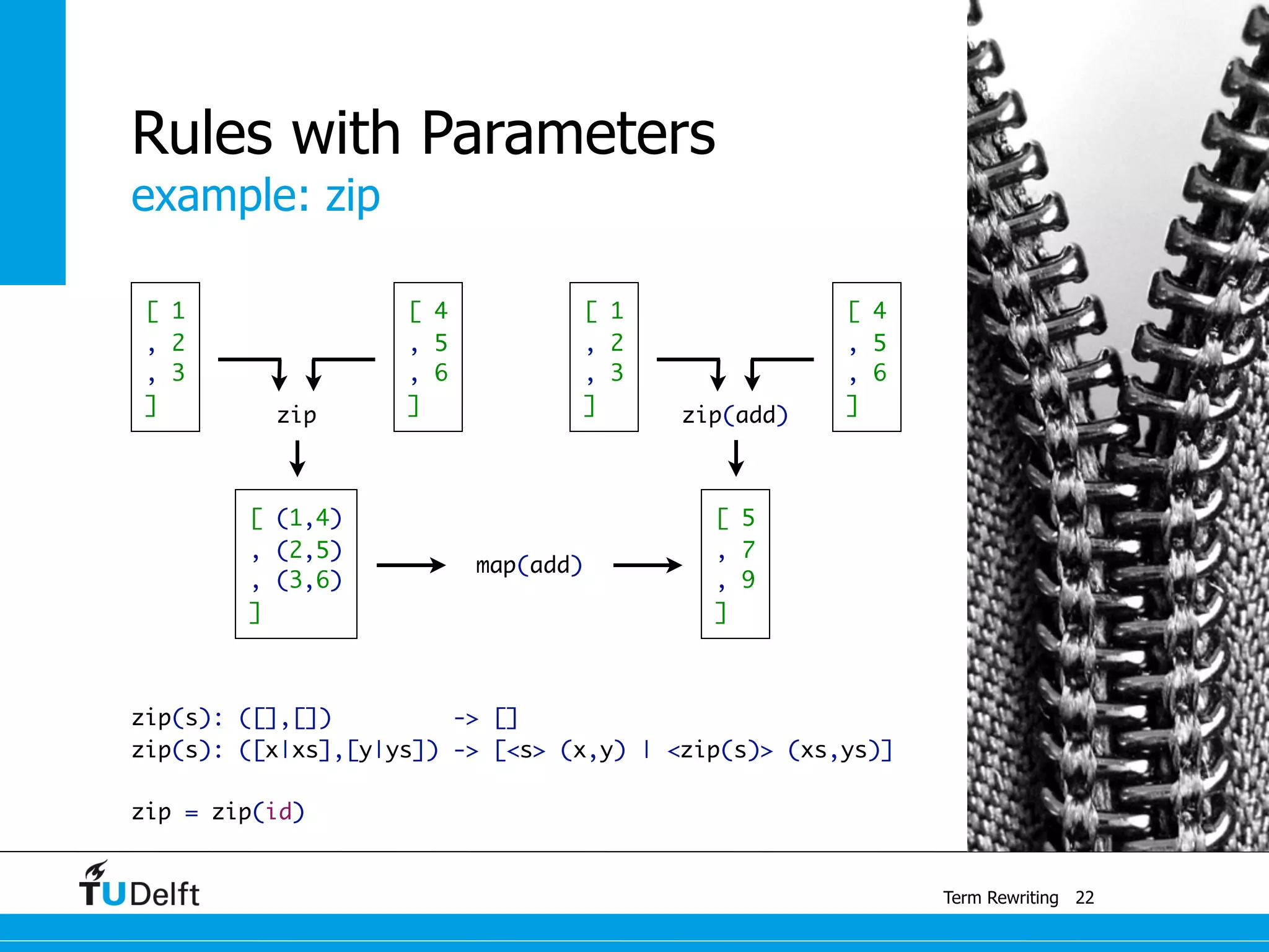 example: zip
Term Rewriting
Rules with Parameters
zip(s): ([],[]) -> []	
zip(s): ([x|xs],[y|ys]) -> [<s> (x,y) | <zip(s)> (xs,ys)]
zip = zip(id)
22
[ 1
, 2
, 3
]
[ (1,4)
, (2,5)
, (3,6)
]
[ 4
, 5
, 6
]zip
[ 1
, 2
, 3
]
[ 5
, 7
, 9
]
[ 4
, 5
, 6
]zip(add)
map(add)
 