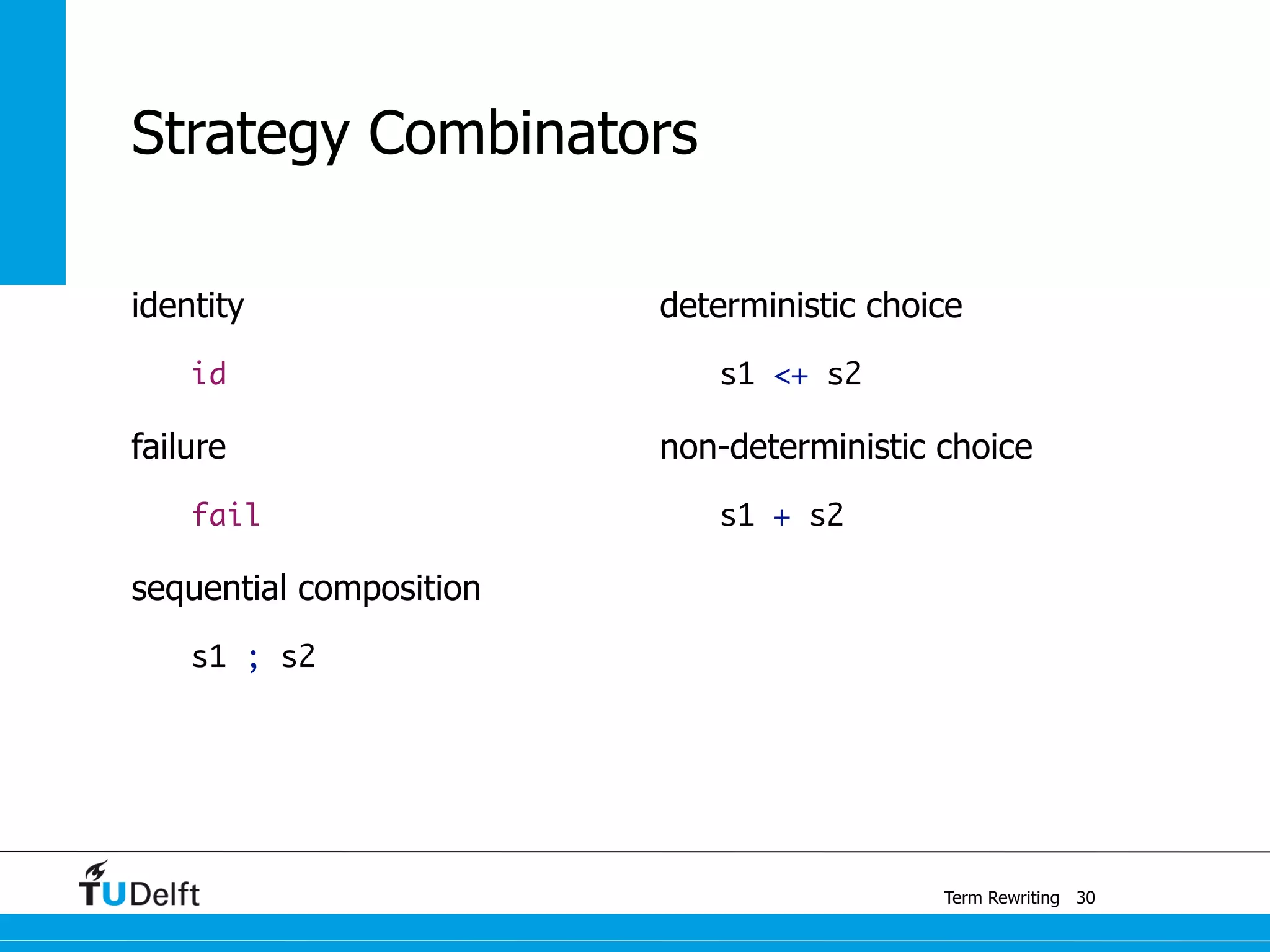 Term Rewriting
Strategy Combinators
identity
id
failure
fail
sequential composition
s1 ; s2
deterministic choice
s1 <+ s2
non-deterministic choice
s1 + s2
30
 