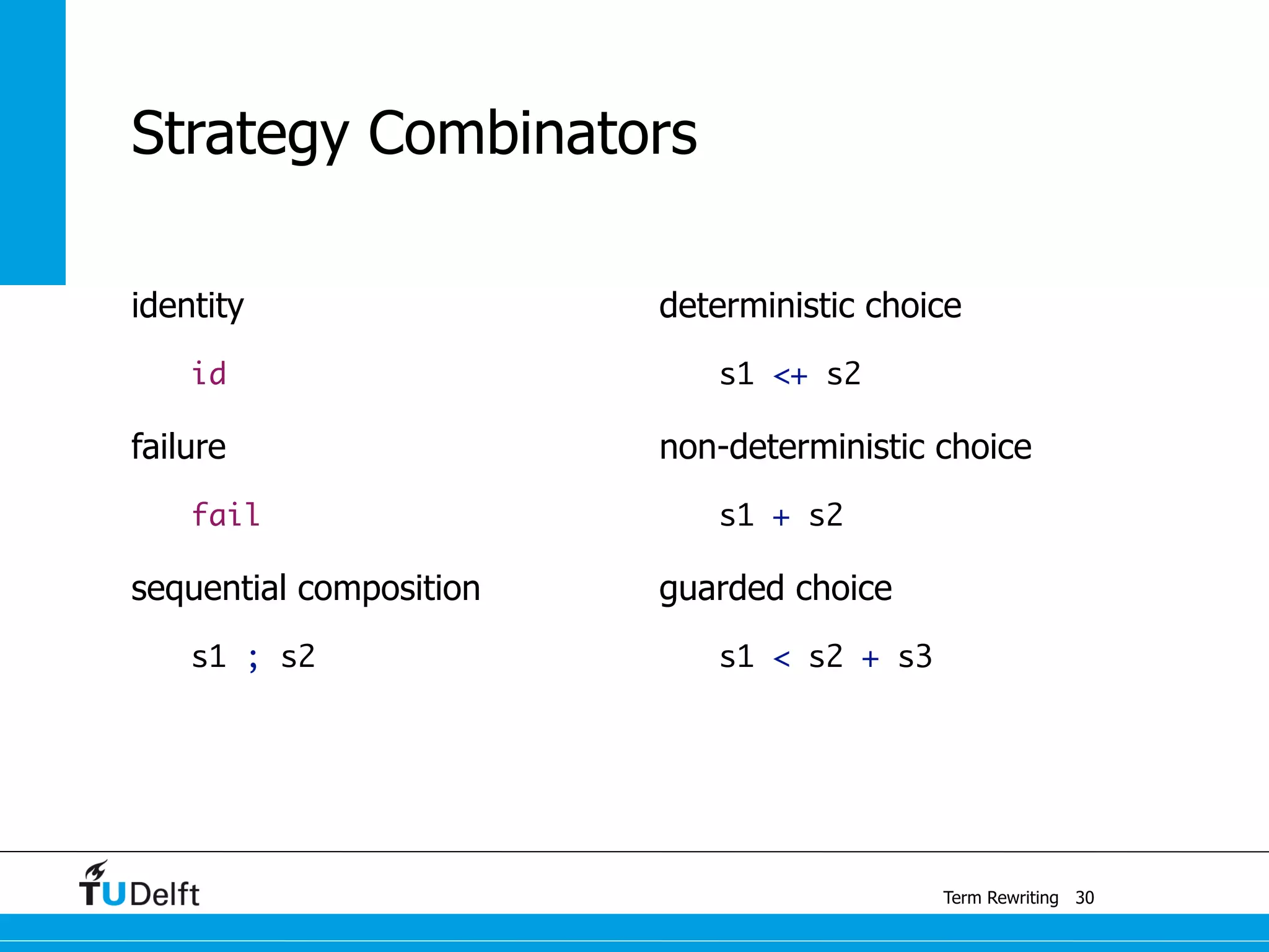 Term Rewriting
Strategy Combinators
identity
id
failure
fail
sequential composition
s1 ; s2
deterministic choice
s1 <+ s2
non-deterministic choice
s1 + s2
guarded choice
s1 < s2 + s3
30
 