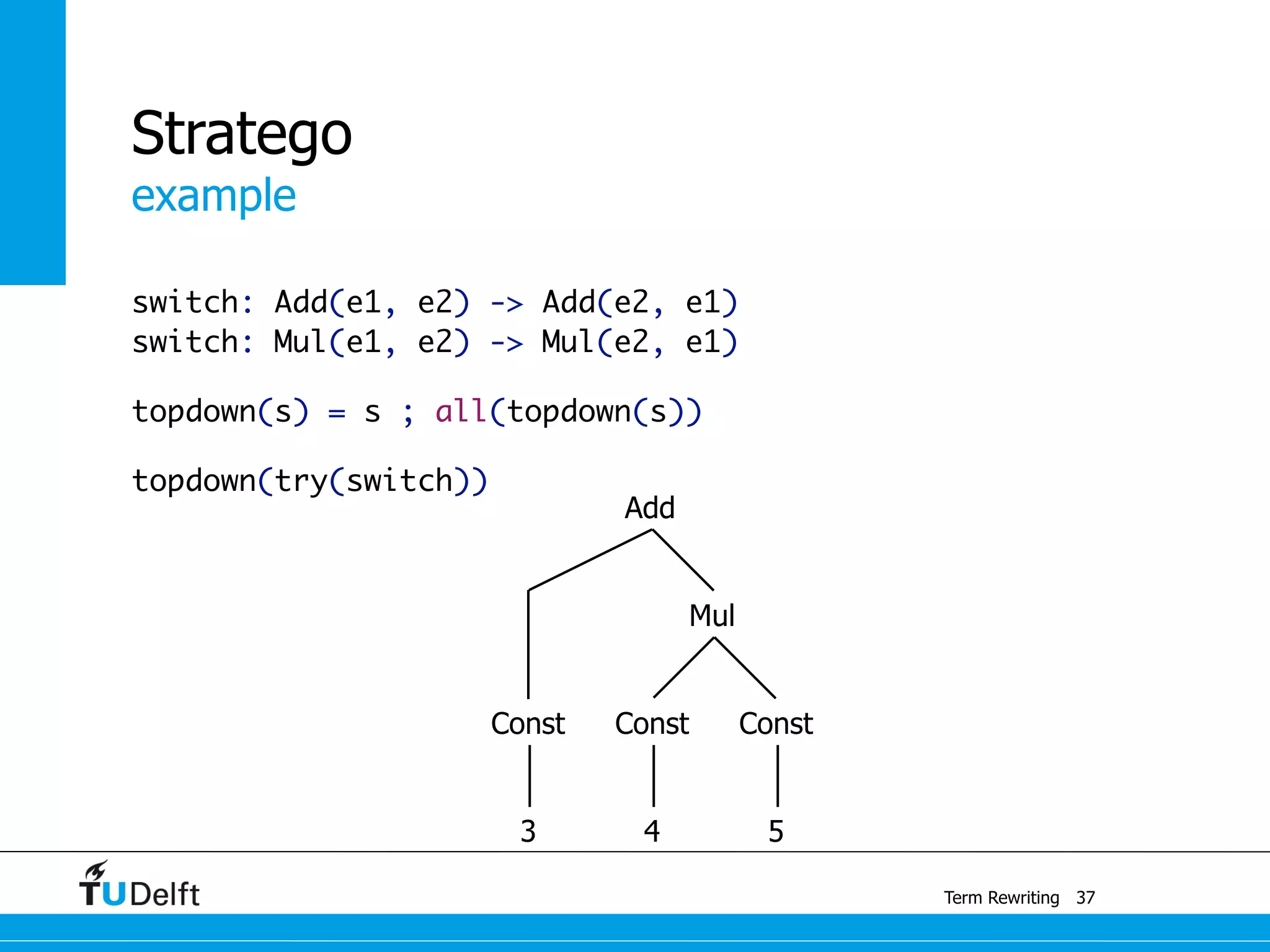 example
Term Rewriting
Stratego
switch: Add(e1, e2) -> Add(e2, e1)
switch: Mul(e1, e2) -> Mul(e2, e1)
topdown(s) = s ; all(topdown(s))
topdown(try(switch))
37
Const
Mul
Const
3 4 5
Const
Add
 