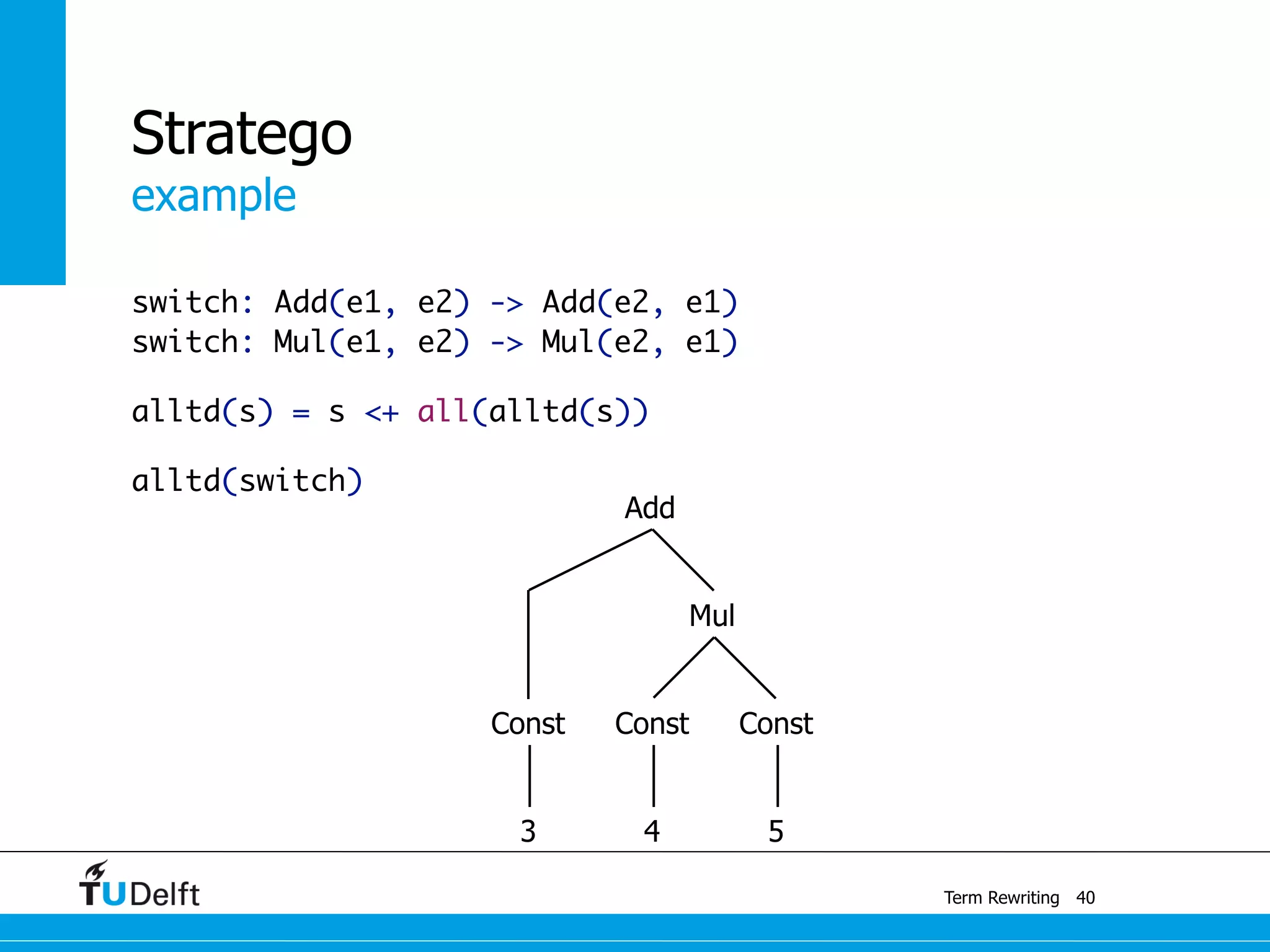 example
Term Rewriting
Stratego
switch: Add(e1, e2) -> Add(e2, e1)
switch: Mul(e1, e2) -> Mul(e2, e1)
alltd(s) = s <+ all(alltd(s))
alltd(switch)
40
Const
Mul
Const
3 4 5
Const
Add
 