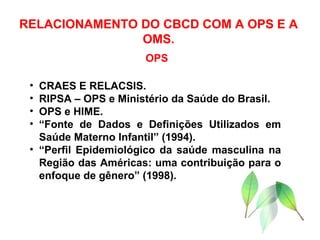 RELACIONAMENTO DO CBCD COM A OPS E A OMS. CRAES E RELACSIS. RIPSA – OPS e Ministério da Saúde do Brasil. OPS e HIME. “ Fonte de Dados e Definições Utilizados em Saúde Materno Infantil” (1994). “ Perfil Epidemiológico da saúde masculina na Região das Américas: uma contribuição para o enfoque de gênero” (1998). OPS 