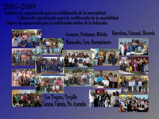 2005-2009 Talleres de capacitación para la codificación de la mortalidad Talleres de capacitación para la codificación de la morbilidad Talleres de capacitación para la certificación médica de la defunción Maracaibo, Coro, Barquisimeto Los Teques, Trujillo Barcelona, Cumaná, Maturín Guanare, Porlamar, Mérida Caracas, Valencia, Pto. Ayacucho 