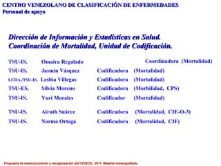 Dirección de Información y Estadísticas en Salud. Coordinación de Mortalidad, Unidad de Codificación. . Propuesta de reestructuración y reorganización del CEVECE.. 2011. Material mimeografiado. Codificadora  (Mortalidad,  CIF)  TSU-IS.  Norma Ortega Codificadora  (Mortalidad,  CIE-O-3)  TSU-IS.  Airuth Suárez Codificador  (Mortalidad) TSU-IS.  Yuri Morales TSU-IS.  Omaira Regalado Coordinadora  (Mortalidad) TSU-IS.  Jasmín Vásquez Codificadora  (Mortalidad) LCDA./TSU-IS.   Lesbia Villegas Codificadora  (Mortalidad) TSU-ES.  Silvia Moreno Codificadora  (Morbilidad,  CPS)  CENTRO VENEZOLANO DE CLASIFICACIÓN DE ENFERMEDADES Personal de apoyo I P R O S A L U T E D N U M I V O N O P S P A H O VE CE CE CE CE 