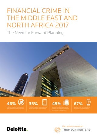 46%
indicate a lack of confidence in
their financial crime programs
35%
indicate a lack of understanding
of the regulatory environment
67%
say that their technology has
increased in sophistication
45%
believe that justifying overall
costs is the biggest challenge
of program management
FINANCIAL CRIME IN
THE MIDDLE EAST AND
NORTH AFRICA 2017
The Need for Forward Planning
 