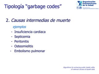 2 . Causas intermedias de muerte   ejemplos -  Insuficiencia cardiaca -  Septicemia -  Peritonitis -  Osteomielitis -  Embolismo pulmonar Tipología “garbage codes” Algorithms for enhacing public helath utility of national causes-of-death-data 