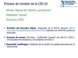 Proceso de revisión de la CIE-10 Á reas, tópicos de interés  y prioritarios Aspectos “claves”   Cent ros y OPS Revisión del borrador Alpha.   Disponible en el ICD-11 Browser  http:// www.who.int/classifications/icd/revision/en / . Capítulos con diferente grado de desarrollo. 2.   Ensayos de campo : Dos tipos - Codificación “puente” con CIE-10 y CIE-11 and pruebas de consistencia, concordancia con CIE-11 3.  Desarrollo multilingue : Validación de la versión en español generada por la herramienta 