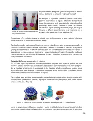 89
respectivamente. Pregúnte: ¿En cuál recipiente se difundi-
rá más fácilmente el colorante? ¿En cuál menos?
En la Figura 14, aparecen los tres recipientes con sus res-
pectivos colorantes y el agua a diferentes temperaturas
(agua fría, colorante azul; agua caliente, colorante violeta
y tinte rojo, agua con sal). Se observa que el colorante se
difunde más rápido en el agua caliente; luego, en el agua
fría y no se difunde aparentemente en el recipiente con el
agua con alta concentración de sal (tinte rojo).
Pregúnteles: ¿Por qué el colorante se difunde más rápidamente en el agua caliente? ¿Por qué
no se difunde en la solución concentrada de sal?
Explíqueles que las partículas del líquido se mueven más rápido a altas temperaturas, por ello, la
difusión ocurre más rápido cuando el líquido está caliente. Ocurre todo lo contrario en agua fría.
¿Por qué el colorante no se difunde en la solución con una alta concentración de sal? Porque el
agua con sal es más densa que el colorante y las partículas de sal no permiten que las partículas
de tinte se muevan por el líquido. Pídales que dibujen y describan en su cuaderno con sus pro-
pias palabras los resultados.
Actividad 5 (Tiempo aproximado: 45 minutos)
No todos los líquidos poseen las mismas propiedades. Algunos son “espesos” y otros son más
“fluidos”. En esta actividad estudiaremos la viscosidad de los materiales líquidos. Para compren-
der y visualizar el concepto de viscosidad de los líquidos, añadiremos algunos objetos sobre
algunos líquidos para observar y determinar cuánto se tardan en hundirse, lo cual está íntima-
mente relacionado con la viscosidad de un líquido.
Para realizar esta actividad se necesitarán vasos plásticos transparentes, algunos objetos sóli-
dos pequeños (por ejemplo, piedras), agua y un líquido viscoso (por ejemplo, miel, jabón líquido,
jarabe, aceite, etc.) (Fig. 15).
Figura 15. Ejemplos de líquidos viscosos: A. pintura, B. esmalte para uñas y C. salsa de tomate.
Llene el recipiente con el líquido a estudiar, y suelte el sólido lentamente sobre la superficie. Los
estudiantes deberán observar la velocidad en que bajan los objetos en cada líquido. Los líquidos
Figura 14. Difusión a diferentes temperatu-
ras y concentraciones.
 