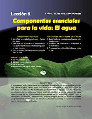 95
Lección 8 4 HORAS CLASE APROXIMADAMENTE
Componentes esenciales
para la vida: El agua
Figura 1. El agua es esencial para la vida.
DESCRIPCIÓN
El agua es una molécula fundamental para la vida, constituida por dos átomos de hidróge-
no y uno de oxígeno. Es una de las sustancias más comunes en la Tierra y cubre más del
70% de su superficie. Se ha demostrado que la cantidad de agua en la Tierra no cambia
apreciablemente con el tiempo, ya que existe un equilibrio entre los estados del agua,
trasladándose por los diferentes estratos terrestres gracias a diversos factores como la
temperatura y la presión. La composición química del agua la hace una molécula única en
sus propiedades, manteniendo las estructuras, las interacciones y el equilibrio necesario
para el mantenimiento de la vida.
OBJETIVOS ESPECÍFICOS
1. Identificar propiedades químicas y físicas
del agua.
2. Identificar los estados de la materia a tra-
vés de los cambios de estado del agua en
el ciclo hídrico.
3. Valorar el agua como compuesto esencial
para la vida.
HABILIDADES Y DESTREZAS CIENTÍFICAS
1.	 Describe las propiedades del agua y brin-
da ejemplos.
2.	Identifica los estados de la materia en el
ciclo hídrico.
3.	Promueve la purificación del agua en su
hogar.
TEMAS Y SUBTEMAS
1.	La molécula de agua
2.	El Agua como solvente
3.	Ciclo del agua
4.	Purificación del agua: hervir, clorar
 
