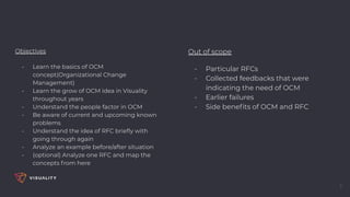 Objectives
- Learn the basics of OCM
concept(Organizational Change
Management)
- Learn the grow of OCM idea in Visuality
throughout years
- Understand the people factor in OCM
- Be aware of current and upcoming known
problems
- Understand the idea of RFC brieﬂy with
going through again
- Analyze an example before/after situation
- (optional) Analyze one RFC and map the
concepts from here
3
Out of scope
- Particular RFCs
- Collected feedbacks that were
indicating the need of OCM
- Earlier failures
- Side beneﬁts of OCM and RFC
 