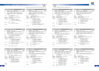 Statistics – Match Data
70 71
BGroup
Cameroon, Brazil, Turkey, USA
Turkey – USA 2-1 (1-1)
3 19.06.2003 19:00 St. Etienne 16,944
TUR: 12 CATKIC, 2 SONKAYA, 3 KORKMAZ (C), 5 OZALAN, 8 ARSLAN, 9 SANLI,
13 YILDIRIM, 15 UZULMEZ, 16 YILMAZ, 20 SAHIN, 22 KARADENIZ.
USA: 18 HOWARD, 2 HEJDUK (C), 3 BERHALTER, 5 VANNEY, 7 LEWIS, 9 KIROVSKI,
10 DONOVAN, 14 ARMAS, 15 CONVEY, 16 CALIFF, 17 BEASLEY.
Scorers: 0-1 36’ BEASLEY, (17), 1-1 39’ YILMAZ (16, penalty),
2-1 70’ SANLI (9)
Referee: LARRIONDA Jorge (URU)
Assistant Refs: CRESCI Fernando (URU), RIAL Walter (URU)
4th
Official: MORADI Masoud (IRN)
Substitutions: TUR: 42’ out YILDIRIM (13), in PENBE (6)
80’ out SANLI (9), in TORAMAN (21)
92’ out YILMAZ (16), in KARTAL (18)
USA: 59’ out KIROVSKI (9), in MATHIS (11)
72’ out LEWIS (7), in STEWART (8)
79’ out BERHALTER (3), in TWELLMAN (20)
Cautions: TUR: 67’ UZULMEZ (15)
USA: 22’ BERHALTER (3), 39’ DONOVAN (10), 42’ CALIFF (16),
55’ VANNEY (5)
Expulsions: –
Brazil – Cameroon 0-1 (0-0)
4 19.06.2003 21:00 Paris/St. Denis 46,719
BRA: 1 DIDA, 2 BELLETTI, 3 LUCIO, 4 JUAN, 5 EMERSON (C), 7 RONALDINHO,
8 KLEBERSON, 9 ADRIANO, 10 RICARDINHO, 11 GIL, 16 KLEBER.
CMR: 1 KAMENI, 2 TCHATO, 3 PERRIER DOUMBE, 4 SONG (C), 7 MBAMI,
8 GEREMI, 9 ETOO, 13 METTOMO, 17 FOE, 18 IDRISSOU,
19 DJEMBA DJEMBA.
Scorers: 0-1 83’ ETOO (9)
Referee: IVANOV Valentin (RUS)
Assistant Refs: KRASYUK Gennady (RUS), DUPANOV Yuri (BLR)
4th
Official: AMARILLA Carlos (PAR)
Substitutions: BRA: 66’ out ADRIANO (9), in ILAN (21)
79’ out KLEBERSON (8), in ADRIANO (DE SOUZA) (19)
CMR: 64’ out FOE (17), in ATOUBA (5)
67’ out IDRISSOU (18), in JOB (21)
95’ out ETOO (9), in NDIEFI (11)
Cautions: BRA: 52’ EMERSON (5)
CMR: 49’ DJEMBA DJEMBA (19)
Expulsions: –
Cameroon – Turkey 1-0 (0-0)
7 21.06.2003 19:00 Paris/St. Denis 43,743
CMR: 1 KAMENI, 2 TCHATO, 3 PERRIER DOUMBE, 4 SONG (C), 7 MBAMI,
8 GEREMI, 9 ETOO, 13 METTOMO, 17 FOE, 18 IDRISSOU,
19 DJEMBA DJEMBA.
TUR: 1 RECBER (C), 4 AKYEL, 6 PENBE, 8 ARSLAN, 9 SANLI, 10 BASTURK,
14 BARIS, 16 YILMAZ, 17 CETIN, 20 SAHIN, 21 TORAMAN.
Scorers: 1-0 91’ GEREMI (8, penalty)
Referee: AMARILLA Carlos (PAR)
Assistant Refs: CANO Nelson (PAR), BERNAL Manuel (PAR)
4th
Official: IVANOV Valentin (RUS)
Substitutions: CMR: 56’ out IDRISSOU (18), in JOB (21)
70’ out DJEMBA DJEMBA (19), in ATOUBA (5)
78’ out TCHATO (2), in MEZAGUE (16)
TUR: 60’ out ARSLAN (8), in KARADENIZ (22)
76’ out YILMAZ (16), in ATES (19)
89’ out SANLI (9), in KARTAL (18)
Cautions: CMR: 46’+ SONG (4), 75’ FOE (17), 80’ MEZAGUE (16)
TUR: 32’ CETIN (17), 46’+ BASTURK (10)
Expulsions: –
Brazil – USA 1-0 (1-0)
8 21.06.2003 21:00 Lyons 20,306
BRA: 1 DIDA, 2 BELLETTI, 3 LUCIO, 4 JUAN, 5 EMERSON (C), 7 RONALDINHO,
8 KLEBERSON, 9 ADRIANO, 10 RICARDINHO, 16 KLEBER, 20 ALEX.
USA: 18 HOWARD, 3 BERHALTER, 4 MASTROENI, 6 CHERUNDOLO, 8 STEWART (C),
10 DONOVAN, 11 MATHIS, 12 BOCANEGRA, 17 BEASLEY, 22 KLEIN,
23 GIBBS.
Scorers: 1-0 22’ ADRIANO (9)
Referee: CARDOSO BATISTA Lucilio (POR)
Assistant Refs: JANUARIO Paulo (POR), SILVA CARDINAL Jose Manuel (POR)
4th
Official: CODJIA Coffi (BEN)
Substitutions: BRA: 70’ out BELLETTI (2), in MAURINHO (13)
73’ out ALEX (20), in GIL (11)
89’ out ADRIANO (9), in ILAN (21)
USA: 57’ out KLEIN (22), in LEWIS (7)
78’ out GIBBS (23), in CONVEY (15)
84’ out MASTROENI (4), in TWELLMAN (20)
Cautions: BRA: 69’ BELLETTI (2), 89’ GIL (11)
USA: 63’ CHERUNDOLO (6), 72’ STEWART (8),
79’ BOCANEGRA (12)
Expulsions: –
Brazil – Turkey 2-2 (1-0)
11 23.06.2003 21:00 St. Etienne 29,170
BRA: 1 DIDA, 3 LUCIO, 4 JUAN, 5 EMERSON (C), 6 GILBERTO, 7 RONALDINHO,
8 KLEBERSON, 9 ADRIANO, 10 RICARDINHO, 13 MAURINHO, 21 ILAN.
TUR: 1 RECBER, 3 KORKMAZ (C), 4 AKYEL, 5 OZALAN, 6 PENBE, 8 ARSLAN,
9 SANLI, 10 BASTURK, 15 UZULMEZ, 20 SAHIN, 22 KARADENIZ.
Scorers: 1-0 23’ ADRIANO (9),
1-1 53’ KARADENIZ (22), 1-2 81’ YILMAZ (16), 2-2 93’ ALEX (20)
Referee: MERK Markus (GER)
Assistant Refs: KRASYUK Gennady (RUS), CANO Nelson (PAR)
4th
Official: LARRIONDA Jorge (URU)
Substitutions: BRA: 61’ out ILAN (21), in GIL (11)
63’ out RICARDINHO (10), in ALEX (20)
71’ out GILBERTO (6), in KLEBER (16)
TUR: 35’ out ARSLAN (8), in YILMAZ (16)
72’ out PENBE (6), in TORAMAN (21)
88’ out YILMAZ (16), in BALCI (7)
Cautions: BRA: 58’ GILBERTO (6), 62’ LUCIO (3),
75’ RONALDINHO (7), 89’ ALEX (20)
TUR: 64’ KORKMAZ (3), 93’ RECBER (1)
Expulsions: BRA: 93’ RONALDINHO (7, 2nd
yellow)
TUR: –
USA – Cameroon 0-0
12 23.06.2003 21:00 Lyons 19,206
USA: 18 HOWARD, 6 CHERUNDOLO, 7 LEWIS, 9 KIROVSKI, 11 MATHIS,
12 BOCANEGRA, 13 MARTINO, 14 ARMAS (C), 15 CONVEY, 16 CALIFF,
23 GIBBS.
CMR: 12 KWEKEU, 5 ATOUBA, 6 NJANKA, 10 EMANA, 13 METTOMO (C),
14 EPALLE, 15 BAHOKEN, 16 MEZAGUE, 18 IDRISSOU, 20 FALEMI, 21 JOB.
Scorers: –
Referee: SHIELD Mark (AUS)
Assistant Refs: OULIARIS Jim (AUS), DUPANOV Yuri (BLR)
4th
Official: AMARILLA Carlos (PAR)
Substitutions: USA: 55’ out MARTINO (13), in DONOVAN (10)
70’ out KIROVSKI (9), in STEWART (8)
82’ out LEWIS (7), in BEASLEY (17)
CMR: 75’ out MEZAGUE (16), in MBAMI (7)
75’ out JOB (21), in ETOO (9)
83’ out BAHOKEN (15), in GEREMI (8)
Cautions: USA: 82’ CONVEY (15)
CMR: 53’ ATOUBA (5)
Expulsions: –
New Zealand – Japan 0-3 (0-1)
1 18.06.2003 18:00 Paris/St. Denis 36,038
NZL: 12 UTTING, 2 OUGHTON, 4 ZORICICH (C), 7 VICELICH, 8 LINES, 9 BURTON,
11 KILLEN, 14 NELSEN, 16 COVENY, 19 ELLIOTT, 20 DAVIS.
JPN: 1 NARAZAKI, 5 INAMOTO, 7 NAKATA (C), 9 OKUBO, 10 NAKAMURA,
14 SANTOS, 17 MIYAMOTO, 19 ENDO, 20 TAKAHARA, 21 TSUBOI,
22 YAMADA.
Scorers: 0-1 12’ NAKAMURA (10),
0-2 65’ NAKATA (7), 0-3 75’ NAKAMURA (10)
Referee: CODJIA Coffi (BEN)
Assistant Refs: ADJOVI Hugues (BEN), ADERODJOU Abodou (BEN)
4th
Official: SHIELD Mark (AUS)
Substitutions: NZL: 70’ out LINES (8), in HICKEY (21)
73’ out BURTON (9), in JACKSON (10)
80’ out KILLEN (11), in BOUCKENOOGHE (13)
JPN: –
Cautions: NZL: 72’ OUGHTON (2)
JPN: 6’ SANTOS (14), 37’ INAMOTO (5)
Expulsions: –
France – Colombia 1-0 (1-0)
2 18.06.2003 21:00 Lyons 38,541
FRA: 23 COUPET, 2 MEXES, 3 LIZARAZU, 6 DACOURT, 8 DESAILLY (C), 9 CISSE,
11 WILTORD, 12 HENRY, 15 THURAM, 17 KAPO, 18 PEDRETTI.
COL: 1 CORDOBA Oscar, 2 CORDOBA Ivan (C), 3 YEPES, 7 BECERRA,
9 ARISTIZABAL, 10 HERNANDEZ, 15 VELASQUEZ, 18 LOPEZ, 20 BEDOYA,
21 PATINO, 23 MARTINEZ.
Scorers: 1-0 39’ HENRY (12, penalty)
Referee: CARDOSO BATISTA Lucilio (POR)
Assistant Refs: JANUARIO Paulo (POR), SILVA CARDINAL Jose Manuel (POR)
4th
Official: BATRES Carlos (GUA)
Substitutions: FRA: 61’ out KAPO (17), in PIRES (7)
77’ out CISSE (9), in GOVOU (22)
85’ out HENRY (12), in MARLET (20)
COL: 66’ out PATINO (21), in ARRIAGA (16)
93’ out MARTINEZ (23), in VALLEJO (6)
Cautions: FRA: 10’ MEXES (2), 24’ HENRY (12),
93’ LIZARAZU (3), 94’ THURAM (15)
COL: 6’ LOPEZ (18), 38’ VELASQUEZ (15), 78’ BECERRA (7),
89’ CORDOBA Ivan (2), 94’ ARISTIZABAL (9)
Expulsions: –
Colombia – New Zealand 3-1 (0-1)
Japan – Colombia 0-1 (0-0)
10 22.06.2003 21:00 St. Etienne 24,541
JPN: 1 NARAZAKI, 7 NAKATA Hidetoshi (C), 8 OGASAWARA, 9 OKUBO,
14 SANTOS, 16 NAKATA Koji, 17 MIYAMOTO, 19 ENDO, 20 TAKAHARA,
21 TSUBOI, 22 YAMADA.
COL: 1 CORDOBA, 3 YEPES (C), 5 MERA, 9 ARISTIZABAL, 10 HERNANDEZ,
14 DIAZ, 16 ARRIAGA, 18 LOPEZ, 20 BEDOYA, 21 PATINO, 23 MARTINEZ.
Scorers: 0-1 68’ HERNANDEZ (10)
Referee: LARRIONDA Jorge (URU)
Assistant Refs: RAMIREZ DIAZ Jose (MEX), SALINAS Reynaldo (HON)
4th
Official: CODJIA Coffi (BEN)
Substitutions: JPN: 67’ out OKUBO (9), in NAGAI (18)
74’ out OGASAWARA (8), in MATSUI (11)
82’ out ENDO (19), in OKU (13)
COL: 46’ out DIAZ (14), in VALENTIERRA (8)
76’ out ARRIAGA (16), in VALLEJO (6)
Cautions: JPN: 11’ YAMADA (22),
82’ NAKATA Hidetoshi (7), 87’ MATSUI (11)
COL: 5’ MERA (5)
Expulsions: –
France – New Zealand 5-0 (2-0)
9 22.06.2003 21:00 Paris/St. Denis 36,842
FRA: 1 LANDREAU, 2 MEXES, 3 LIZARAZU, 8 DESAILLY (C), 9 CISSE, 10 GIULY,
11 WILTORD, 12 HENRY, 15 THURAM, 17 KAPO, 18 PEDRETTI.
NZL: 12 UTTING, 4 ZORICICH (C), 5 HAY, 9 BURTON, 13 BOUCKENOOGHE,
14 NELSEN, 16 COVENY, 17 DE GREGORIO, 19 ELLIOTT, 20 DAVIS,
21 HICKEY.
Scorers: 1-0 17’ KAPO (17), 2-0 20’ HENRY (12),
3-0 71’ CISSE (9), 4-0 91’ GIULY (10), 5-0 93’ PIRES (7)
Referee: MORADI Masoud (IRN)
Assistant Refs: SAEED Mohamed (MDV), HIROSHIMA Yoshikazu (JPN)
4th
Official: IVANOV Valentin (RUS)
Substitutions: FRA: 68’ out PEDRETTI (18), in DABO (21)
74’ out HENRY (12), in MARLET (20)
76’ out WILTORD (11), in PIRES (7)
NZL: 68’ out BURTON (9), in JACKSON (10)
73’ out ZORICICH (4), in OUGHTON (2)
81’ out HAY (5), in SMITH (18)
Cautions: –
Expulsions: –
5 20.06.2003 19:00 Lyons 22,811
COL: 1 CORDOBA Oscar, 2 CORDOBA Ivan (C), 3 YEPES, 7 BECERRA,
9 ARISTIZABAL, 10 HERNANDEZ, 11 MURILLO, 15 VELASQUEZ, 18 LOPEZ,
20 BEDOYA, 23 MARTINEZ.
NZL: 12 UTTING, 2 OUGHTON, 5 HAY, 7 VICELICH, 11 KILLEN, 14 NELSEN (C),
16 COVENY, 17 DE GREGORIO, 19 ELLIOTT, 20 DAVIS, 21 HICKEY.
Scorers: 0-1 27’ DE GREGORIO (17), 1-1 58’ LOPEZ (18),
2-1 75’ YEPES (3), 3-1 85’ HERNANDEZ (10)
Referee: BATRES Carlos (GUA)
Assistant Refs: RAMIREZ DIAZ Jose (MEX), SALINAS Reynaldo (HON)
4th
Official: MERK Markus (GER)
Substitutions: COL: 8’ out VELASQUEZ (15), in PATINO (21)
46’ out MURILLO (11), in VALENTIERRA (8)
77’ out BEDOYA (20), in ARRIAGA (16)
NZL: 83’ out COVENY (16), in SMELTZ (15)
Cautions: COL: 16’ MARTINEZ (23), 40’ BECERRA (7), 60’ CORDOBA Ivan (2)
NZL: 33’ HICKEY (21), 38’ NELSEN (14),
60’ KILLEN (11), 66’ UTTING (12)
Expulsions: COL: –
NZL: 68’ KILLEN (11, 2nd
yellow)
France – Japan 2-1 (1-0)
6 20.06.2003 21:00 St. Etienne 33,070
FRA: 16 BARTHEZ, 4 BOUMSONG, 5 GALLAS, 6 DACOURT, 7 PIRES (C),
13 SILVESTRE, 14 ROTHEN, 19 SAGNOL, 20 MARLET, 21 DABO, 22 GOVOU.
JPN: 1 NARAZAKI, 5 INAMOTO, 7 NAKATA Hidetoshi (C), 9 OKUBO,
10 NAKAMURA, 14 SANTOS, 17 MIYAMOTO, 19 ENDO, 20 TAKAHARA,
21 TSUBOI, 22 YAMADA.
Scorers: 1-0 43’ PIRES (7, penalty),
1-1 59’ NAKAMURA (10), 2-1 65’ GOVOU (22)
Referee: SHIELD Mark (AUS)
Assistant Refs: OULIARIS Jim (AUS), WIERZBOWSKI Maciej (POL)
4th
Official: MORADI Masoud (IRN)
Substitutions: FRA: 57’ out DACOURT (6), in PEDRETTI (18)
66’ out ROTHEN (14), in WILTORD (11)
80’ out MARLET (20), in HENRY (12)
JPN: 73’ out INAMOTO (5), in NAKATA Koji (16)
80’ out NAKAMURA (10), in OGASAWARA (8)
Cautions: FRA: 21’ GOVOU (22)
JPN: 33’ OKUBO (9), 42’ INAMOTO (5)
Expulsions: FRA: 90’ SAGNOL (19)
JPN: –
AGroup
Colombia, France, Japan, New Zealand
 