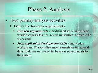 6-18
Phase 2: Analysis
• Two primary analysis activities:
1. Gather the business requirements
• Business requirements - the detailed set of knowledge
worker requests that the system must meet in order to be
successful
• Joint application development (JAD) - knowledge
workers and IT specialists meet, sometimes for several
days, to define or review the business requirements for
the system
 