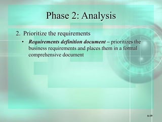 6-19
Phase 2: Analysis
2. Prioritize the requirements
• Requirements definition document – prioritizes the
business requirements and places them in a formal
comprehensive document
 