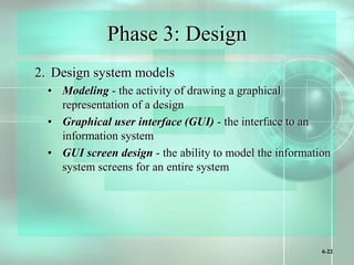 6-22
Phase 3: Design
2. Design system models
• Modeling - the activity of drawing a graphical
representation of a design
• Graphical user interface (GUI) - the interface to an
information system
• GUI screen design - the ability to model the information
system screens for an entire system
 