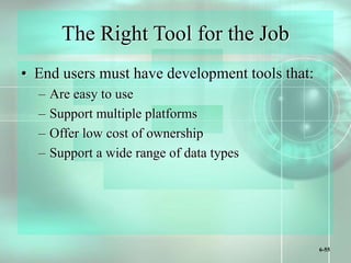 6-55
The Right Tool for the Job
• End users must have development tools that:
– Are easy to use
– Support multiple platforms
– Offer low cost of ownership
– Support a wide range of data types
 