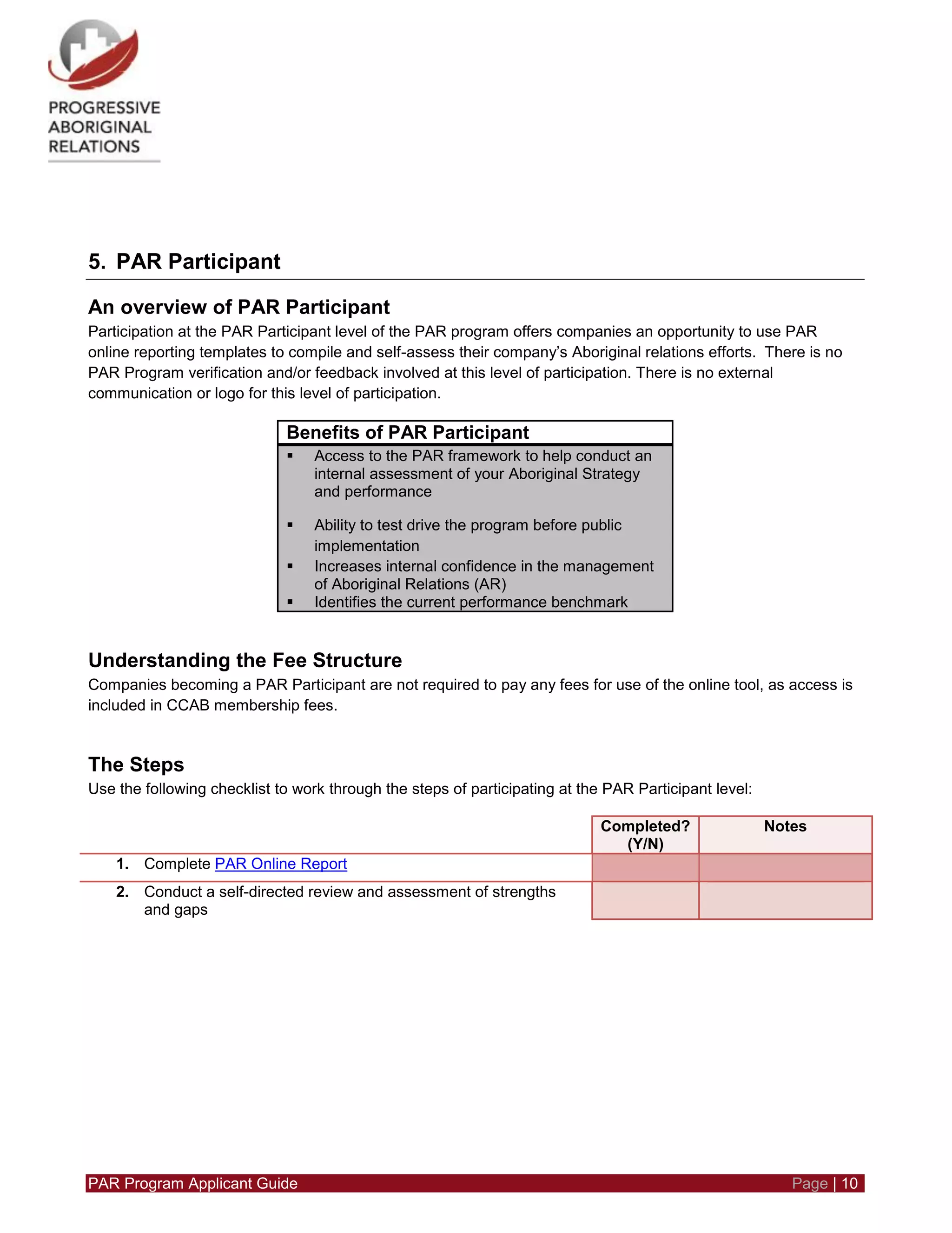 PAR Program Applicant Guide Page | 10
5. PAR Participant
An overview of PAR Participant
Participation at the PAR Participant level of the PAR program offers companies an opportunity to use PAR
online reporting templates to compile and self-assess their company’s Aboriginal relations efforts. There is no
PAR Program verification and/or feedback involved at this level of participation. There is no external
communication or logo for this level of participation.
Benefits of PAR Participant
 Access to the PAR framework to help conduct an
internal assessment of your Aboriginal Strategy
and performance
 Ability to test drive the program before public
implementation
 Increases internal confidence in the management
of Aboriginal Relations (AR)
 Identifies the current performance benchmark
Understanding the Fee Structure
Companies becoming a PAR Participant are not required to pay any fees for use of the online tool, as access is
included in CCAB membership fees.
The Steps
Use the following checklist to work through the steps of participating at the PAR Participant level:
Completed?
(Y/N)
Notes
1. Complete PAR Online Report
2. Conduct a self-directed review and assessment of strengths
and gaps
 
