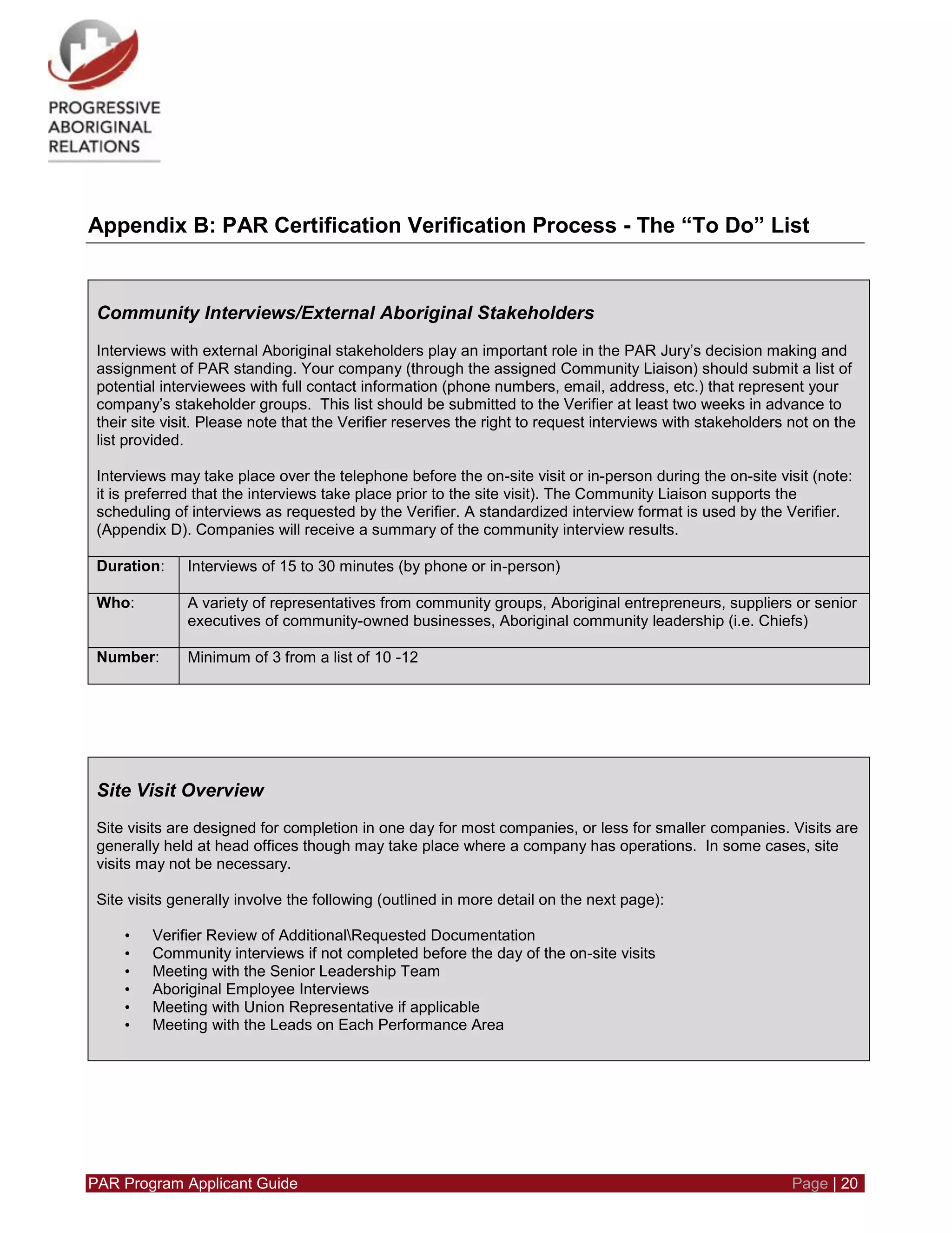 PAR Program Applicant Guide Page | 20
Appendix B: PAR Certification Verification Process - The “To Do” List
Community Interviews/External Aboriginal Stakeholders
Interviews with external Aboriginal stakeholders play an important role in the PAR Jury’s decision making and
assignment of PAR standing. Your company (through the assigned Community Liaison) should submit a list of
potential interviewees with full contact information (phone numbers, email, address, etc.) that represent your
company’s stakeholder groups. This list should be submitted to the Verifier at least two weeks in advance to
their site visit. Please note that the Verifier reserves the right to request interviews with stakeholders not on the
list provided.
Interviews may take place over the telephone before the on-site visit or in-person during the on-site visit (note:
it is preferred that the interviews take place prior to the site visit). The Community Liaison supports the
scheduling of interviews as requested by the Verifier. A standardized interview format is used by the Verifier.
(Appendix D). Companies will receive a summary of the community interview results.
Duration: Interviews of 15 to 30 minutes (by phone or in-person)
Who: A variety of representatives from community groups, Aboriginal entrepreneurs, suppliers or senior
executives of community-owned businesses, Aboriginal community leadership (i.e. Chiefs)
Number: Minimum of 3 from a list of 10 -12
Site Visit Overview
Site visits are designed for completion in one day for most companies, or less for smaller companies. Visits are
generally held at head offices though may take place where a company has operations. In some cases, site
visits may not be necessary.
Site visits generally involve the following (outlined in more detail on the next page):
• Verifier Review of AdditionalRequested Documentation
• Community interviews if not completed before the day of the on-site visits
• Meeting with the Senior Leadership Team
• Aboriginal Employee Interviews
• Meeting with Union Representative if applicable
• Meeting with the Leads on Each Performance Area
 
