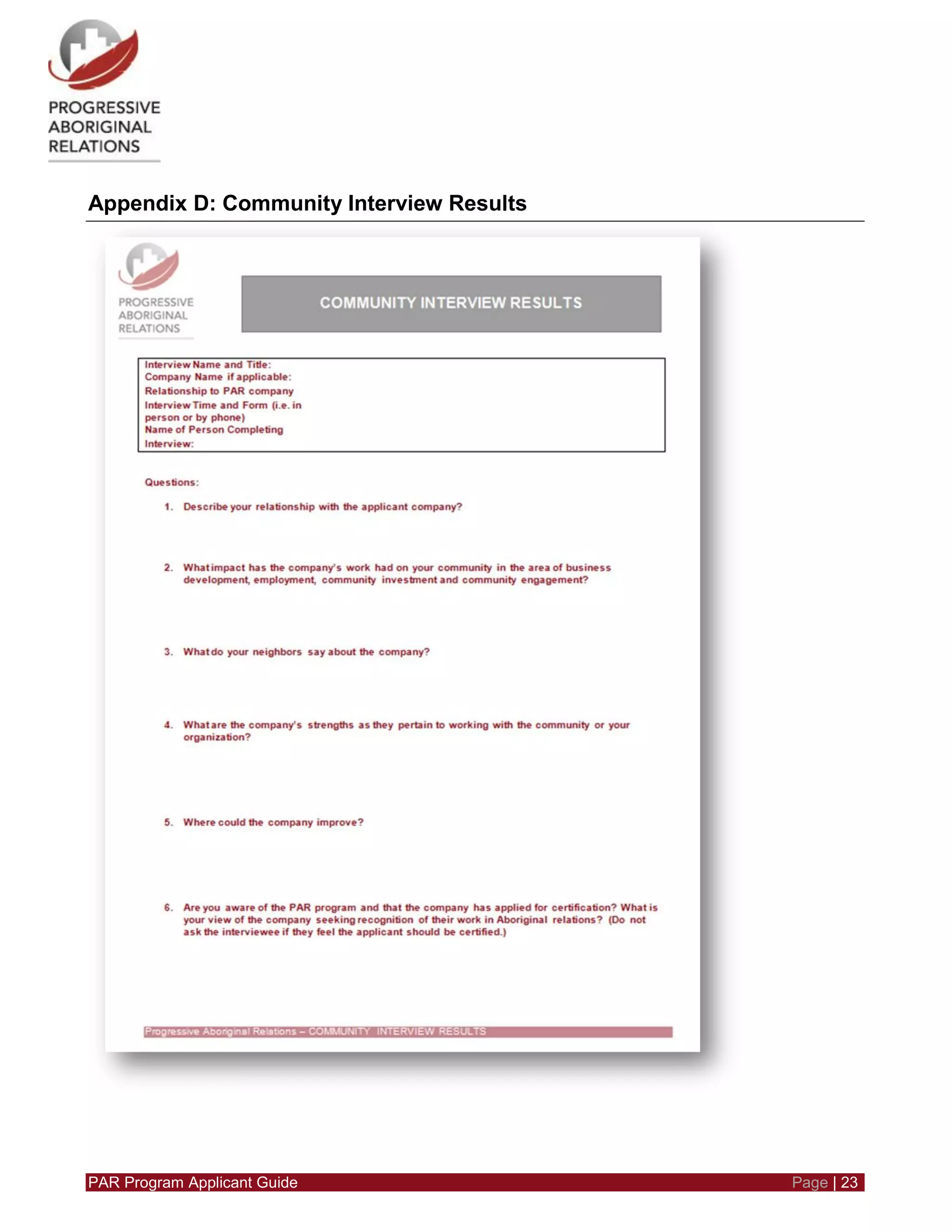 PAR Program Applicant Guide Page | 23
Appendix D: Community Interview Results
 