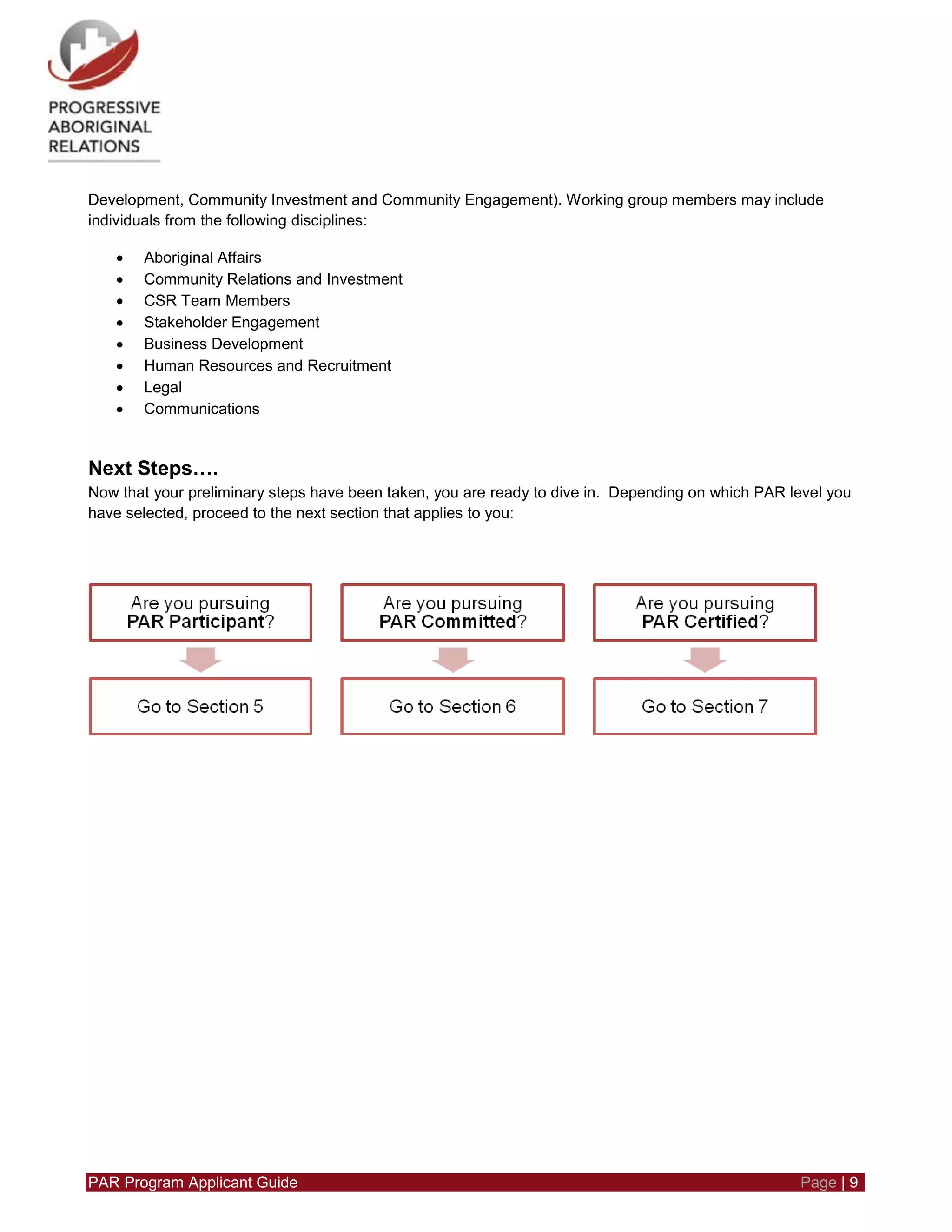 PAR Program Applicant Guide Page | 9
Development, Community Investment and Community Engagement). Working group members may include
individuals from the following disciplines:
 Aboriginal Affairs
 Community Relations and Investment
 CSR Team Members
 Stakeholder Engagement
 Business Development
 Human Resources and Recruitment
 Legal
 Communications
Next Steps….
Now that your preliminary steps have been taken, you are ready to dive in. Depending on which PAR level you
have selected, proceed to the next section that applies to you:
 