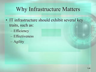 7-39
Why Infrastructure Matters
• IT infrastructure should exhibit several key
traits, such as:
– Efficiency
– Effectiveness
– Agility
 
