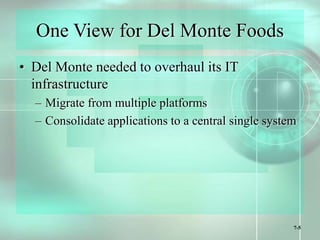 7-5
One View for Del Monte Foods
• Del Monte needed to overhaul its IT
infrastructure
– Migrate from multiple platforms
– Consolidate applications to a central single system
 