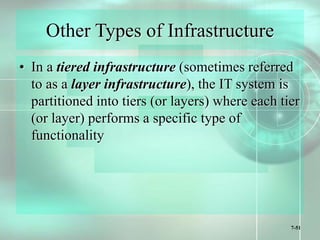 7-51
Other Types of Infrastructure
• In a tiered infrastructure (sometimes referred
to as a layer infrastructure), the IT system is
partitioned into tiers (or layers) where each tier
(or layer) performs a specific type of
functionality
 