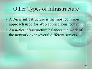 7-53
Other Types of Infrastructure
• A 3-tier infrastructure is the most common
approach used for Web applications today
• An n-tier infrastructure balances the work of
the network over several different servers
 