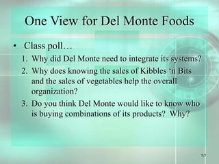 7-7
One View for Del Monte Foods
• Class poll…
1. Why did Del Monte need to integrate its systems?
2. Why does knowing the sales of Kibbles ‘n Bits
and the sales of vegetables help the overall
organization?
3. Do you think Del Monte would like to know who
is buying combinations of its products? Why?
 