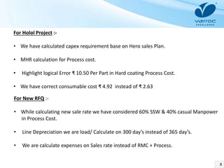 3
For Holol Project :-
• We have calculated capex requirement base on Hero sales Plan.
• MHR calculation for Process cost.
• Highlight logical Error ₹ 10.50 Per Part in Hard coating Process Cost.
• We have correct consumable cost ₹ 4.92 instead of ₹ 2.63
For New RFQ :-
• While calculating new sale rate we have considered 60% SSW & 40% casual Manpower
in Process Cost.
• Line Depreciation we are load/ Calculate on 300 day’s instead of 365 day’s.
• We are calculate expenses on Sales rate instead of RMC + Process.
 