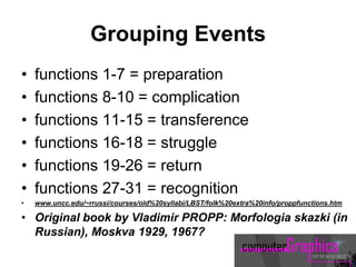 Grouping Events
• functions 1-7 = preparation
• functions 8-10 = complication
• functions 11-15 = transference
• functions 16-18 = struggle
• functions 19-26 = return
• functions 27-31 = recognition
• www.uncc.edu/~rrussi/courses/old%20syllabi/LBST/folk%20extra%20info/proppfunctions.htm
• Original book by Vladimir PROPP: Morfologia skazki (in
Russian), Moskva 1929, 1967?
 