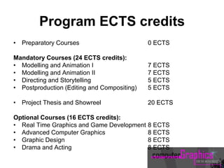 Program ECTS credits
• Preparatory Courses 0 ECTS
Mandatory Courses (24 ECTS credits):
• Modelling and Animation I 7 ECTS
• Modelling and Animation II 7 ECTS
• Directing and Storytelling 5 ECTS
• Postproduction (Editing and Compositing) 5 ECTS
• Project Thesis and Showreel 20 ECTS
Optional Courses (16 ECTS credits):
• Real Time Graphics and Game Development 8 ECTS
• Advanced Computer Graphics 8 ECTS
• Graphic Design 8 ECTS
• Drama and Acting 8 ECTS
 