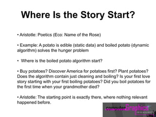 • Aristotle: Poetics (Eco: Name of the Rose)
• Example: A potato is edible (static data) and boiled potato (dynamic
algorithm) solves the hunger problem
• Where is the boiled potato algorithm start?
• Buy potatoes? Discover America for potatoes first? Plant potatoes?
Does the algorithm contain just cleaning and boiling? Is your first love
story starting with your first boiling potatoes? Did you boil potatoes for
the first time when your grandmother died?
• Aristotle: The starting point is exactly there, where nothing relevant
happened before.
Where Is the Story Start?
 