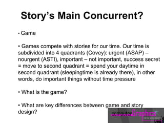 • Game
• Games compete with stories for our time. Our time is
subdivided into 4 quadrants (Covey): urgent (ASAP) –
nourgent (ASTI), important – not important, success secret
= move to second quadrant = spend your daytime in
second quadrant (sleepingtime is already there), in other
words, do important things without time pressure
• What is the game?
• What are key differences between game and story
design?
Story’s Main Concurrent?
 