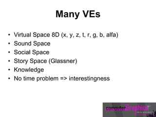 Many VEs
• Virtual Space 8D (x, y, z, t, r, g, b, alfa)
• Sound Space
• Social Space
• Story Space (Glassner)
• Knowledge
• No time problem => interestingness
 