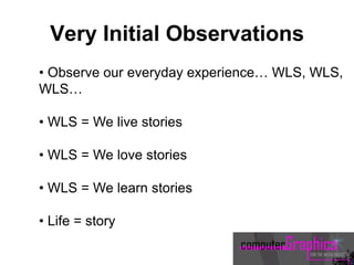 • Observe our everyday experience… WLS, WLS,
WLS…
• WLS = We live stories
• WLS = We love stories
• WLS = We learn stories
• Life = story
Very Initial Observations
 