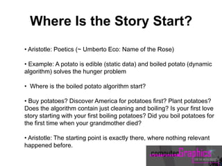 • Aristotle: Poetics (~ Umberto Eco: Name of the Rose)
• Example: A potato is edible (static data) and boiled potato (dynamic
algorithm) solves the hunger problem
• Where is the boiled potato algorithm start?
• Buy potatoes? Discover America for potatoes first? Plant potatoes?
Does the algorithm contain just cleaning and boiling? Is your first love
story starting with your first boiling potatoes? Did you boil potatoes for
the first time when your grandmother died?
• Aristotle: The starting point is exactly there, where nothing relevant
happened before.
Where Is the Story Start?
 