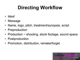 Directing Workflow
• Idea!
• Message
• Name, logo, pitch, treatment/synopsis, script
• Preproduction
• Production ~ shooting, stock footage, sound space
• Postproduction
• Promotion, distribution, remake/forget
 
