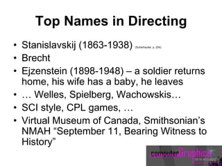 Top Names in Directing
• Stanislavskij (1863-1938) (Scherhaufer, p. 254)
• Brecht
• Ejzenstein (1898-1948) – a soldier returns
home, his wife has a baby, he leaves
• … Welles, Spielberg, Wachowskis…
• SCI style, CPL games, …
• Virtual Museum of Canada, Smithsonian’s
NMAH “September 11, Bearing Witness to
History”
 