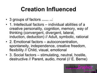 Creation Influenced
• 3 groups of factors (Scherhaufer, p. 169):
• 1. Intellectual factors – individual abilities of a
creative personality, cognition, memory, way of
thinking (convergent, divergent, lateral,
induction, deduction) // Adult, symbolic, rational
• 2. Emotional factors – autoconcentration,
spontaneity, independence, creative freedom,
flexibility // Child, visual, emotional
• 3. Social factors – stimulating, neutral, hostile,
destructive // Parent, audio, moral (// E. Berne)
 