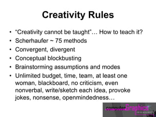 Creativity Rules
• “Creativity cannot be taught”… How to teach it?
• Scherhaufer ~ 75 methods
• Convergent, divergent
• Conceptual blockbusting
• Brainstorming assumptions and modes
• Unlimited budget, time, team, at least one
woman, blackboard, no criticism, even
nonverbal, write/sketch each idea, provoke
jokes, nonsense, openmindedness…
 
