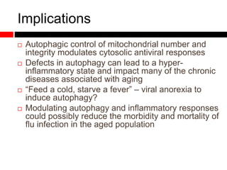 Implications
 Autophagic control of mitochondrial number and
integrity modulates cytosolic antiviral responses
 Defects in autophagy can lead to a hyper-
inflammatory state and impact many of the chronic
diseases associated with aging
 “Feed a cold, starve a fever” – viral anorexia to
induce autophagy?
 Modulating autophagy and inflammatory responses
could possibly reduce the morbidity and mortality of
flu infection in the aged population
 