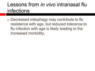 Lessons from in vivo intranasal flu
infections
 Decreased mitophagy may contribute to flu
resistance with age, but reduced tolerance to
flu infection with age is likely leading to the
increased morbidity.
 