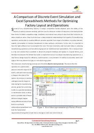 A Comparison of Discrete Event Simulation and
Excel Spreadsheets Methods for Optimizing
Factory Layout and Operations
urvival of any manufacturing industry in today’s competitive market depends upon the ability of the
industry to satisfy customer demand, with the use of a minimum number of resources in the least possible
time. Hence to obtain competitive edge, companies must extract every drop of value from their resources, to
derive maximum value. They must also have a deep analytical understanding of all aspects of manufacturing
operations and be able to visualize different scenarios possible; from impact of variations in product demand,
capacity consumption to machine breakdowns to draw optimum conclusions. To this end, it is essential to
have the right software tool to accomplish this task. The most commonly used tool used today in analyzing
manufacturing operations and manufacturing layouts are traditional Excel spreadsheets. This is because Excel
is a low cost solution that is available in almost all computer desktops and laptops in a typical factory, and
therefore has become the default tool when a requirement occurs to analyze manufacturing operations or a
new factory design layout for efficiency. Excel however, is very limited in its ability to accurately assess and
capture the many elements at play in a manufacturing system.
This is because; manufacturing processes are inherently discrete event processes. This means that the
operation of a system takes
place as a discrete sequence of
events, with each event causing
a change in the state of the
system. For instance, a machine
undergoes several changes in
state during the manufacturing
process, going from processing
to idle, to a possible breakdown
or maintenance state, to setup
and to a possible state of repair.
All these changes happen
during different periods of time.
Excel, as a primarily
mathematical spreadsheet tool,
lacks the fundamental
requirement of being able to track time or changes in state over a time interval.
S
Figure 1: Excel Sheet representation of a Factory Process
Commercial Consultancy Services pg. 1
Head office: 3B Alps Estate, First Block, 460 / 1 Kaikodanahalli, Sarjapur Road, Bangalore 560 035, India
Tel: +91 98864 78720 email: mano@ccsstrategy.com
www.flexSim.com
 
