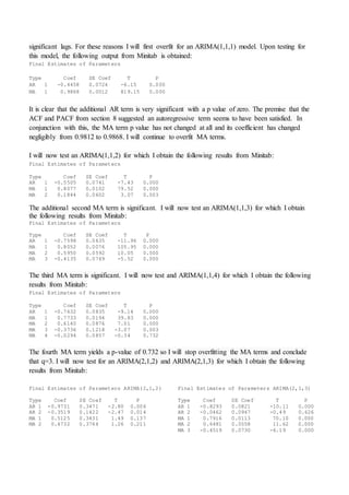significant lags. For these reasons I will first overfit for an ARIMA(1,1,1) model. Upon testing for
this model, the following output from Minitab is obtained:
Final Estimates of Parameters
Type Coef SE Coef T P
AR 1 -0.4458 0.0724 -6.15 0.000
MA 1 0.9868 0.0012 819.15 0.000
It is clear that the additional AR term is very significant with a p value of zero. The premise that the
ACF and PACF from section 8 suggested an autoregressive term seems to have been satisfied. In
conjunction with this, the MA term p value has not changed at all and its coefficient has changed
negligibly from 0.9812 to 0.9868. I will continue to overfit MA terms.
I will now test an ARIMA(1,1,2) for which I obtain the following results from Minitab:
Final Estimates of Parameters
Type Coef SE Coef T P
AR 1 -0.5505 0.0741 -7.43 0.000
MA 1 0.8077 0.0102 79.52 0.000
MA 2 0.1844 0.0602 3.07 0.003
The additional second MA term is significant. I will now test an ARIMA(1,1,3) for which I obtain
the following results from Minitab:
Final Estimates of Parameters
Type Coef SE Coef T P
AR 1 -0.7598 0.0635 -11.96 0.000
MA 1 0.8052 0.0076 105.95 0.000
MA 2 0.5950 0.0592 10.05 0.000
MA 3 -0.4135 0.0749 -5.52 0.000
The third MA term is significant. I will now test and ARIMA(1,1,4) for which I obtain the following
results from Minitab:
Final Estimates of Parameters
Type Coef SE Coef T P
AR 1 -0.7632 0.0835 -9.14 0.000
MA 1 0.7733 0.0194 39.83 0.000
MA 2 0.6140 0.0876 7.01 0.000
MA 3 -0.3736 0.1218 -3.07 0.003
MA 4 -0.0294 0.0857 -0.34 0.732
The fourth MA term yields a p-value of 0.732 so I will stop overfitting the MA terms and conclude
that q=3. I will now test for an ARIMA(2,1,2) and ARIMA(2,1,3) for which I obtain the following
results from Minitab:
Final Estimates of Parameters ARIMA(2,1,2) Final Estimates of Parameters ARIMA(2,1,3)
Type Coef SE Coef T P Type Coef SE Coef T P
AR 1 -0.9731 0.3471 -2.80 0.006 AR 1 -0.8293 0.0821 -10.11 0.000
AR 2 -0.3519 0.1422 -2.47 0.014 AR 2 -0.0462 0.0947 -0.49 0.626
MA 1 0.5125 0.3431 1.49 0.137 MA 1 0.7916 0.0113 70.10 0.000
MA 2 0.4732 0.3764 1.26 0.211 MA 2 0.6481 0.0558 11.62 0.000
MA 3 -0.4519 0.0730 -6.19 0.000
 